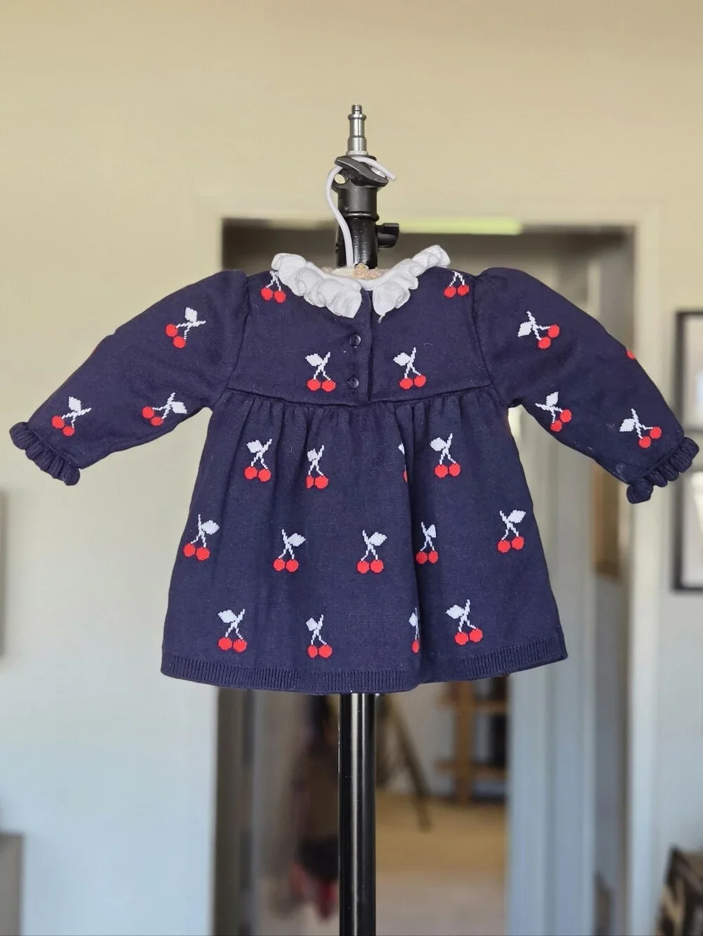 Janie and Jack Navy Knit Dress with Cherry Pattern & White Ruffle Accent